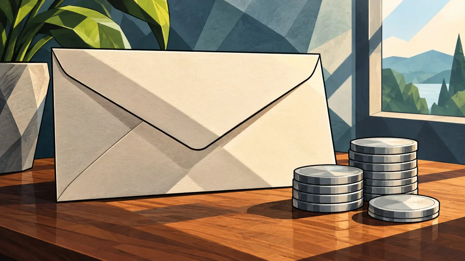 Sealed envelope beside neatly stacked silver coins in morning light / TokenPost.ai