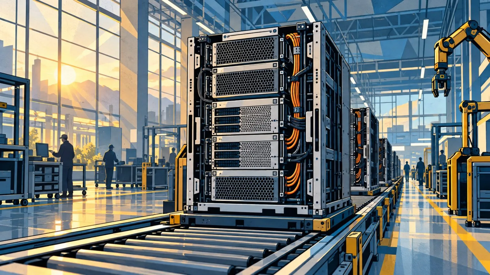 Rack-scale computer chassis moving through a bright manufacturing facility / TokenPost.ai