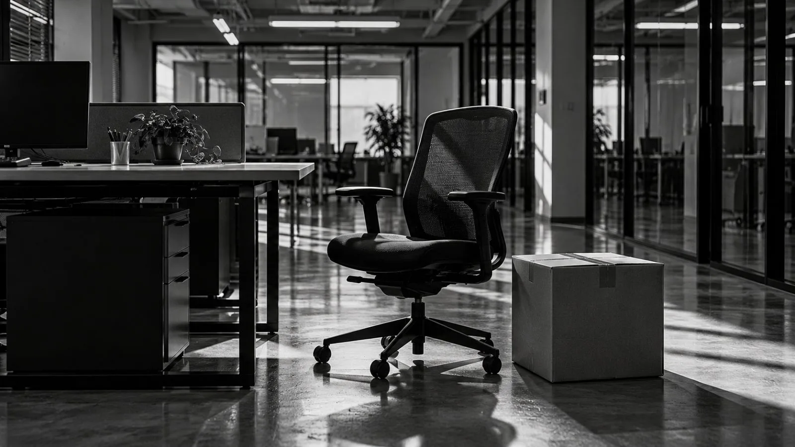 An empty office chair stands beside a sealed cardboard box / TokenPost.ai