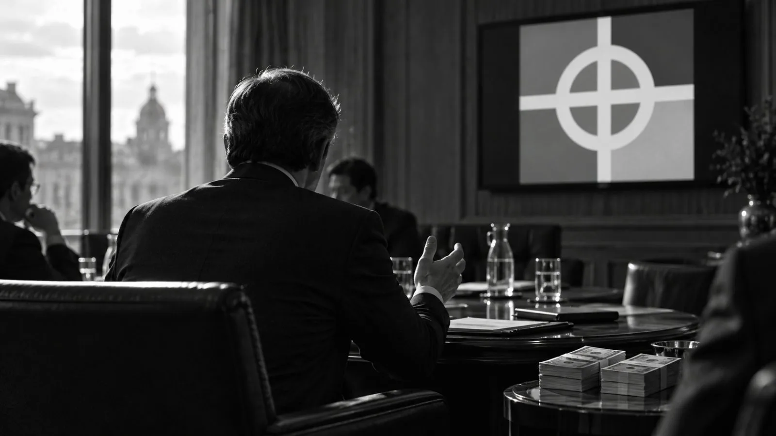 Diplomat speaking beside currency notes in a quiet conference room / TokenPost.ai