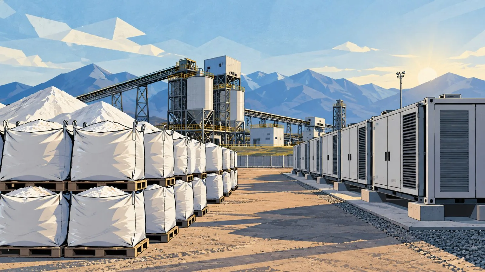 Lithium carbonate sacks sit beside an industrial battery storage unit / TokenPost.ai