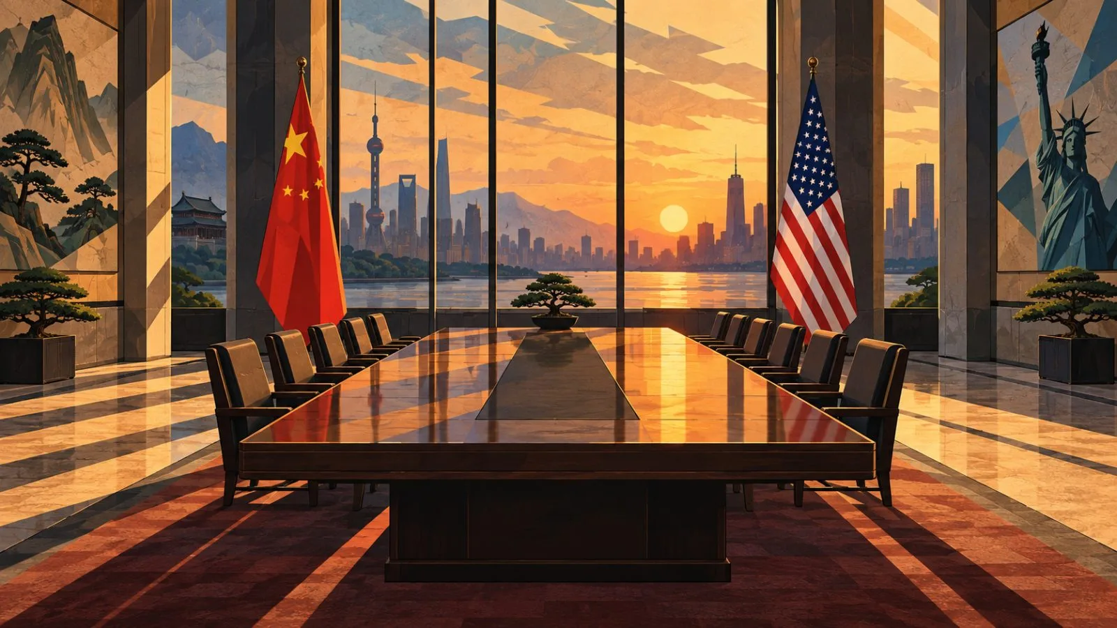 Empty bilateral meeting room beneath two national flags / TokenPost.ai