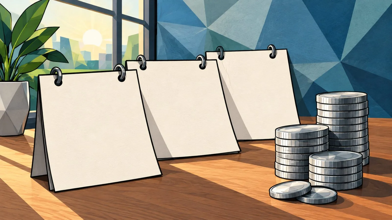 Blank calendar pages beside neatly stacked silver coins / TokenPost.ai