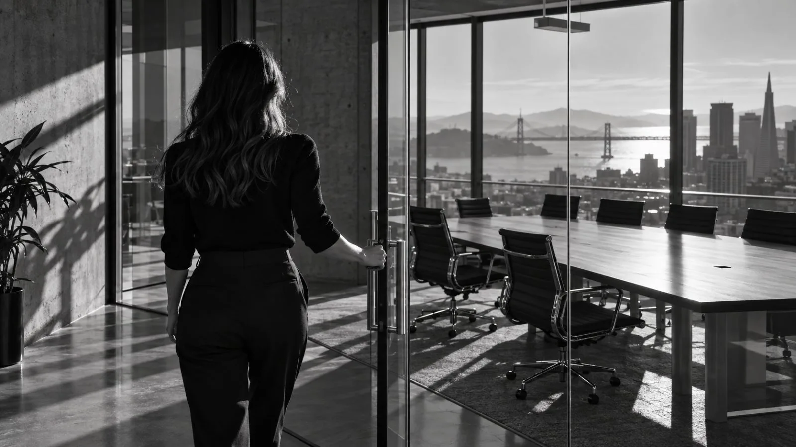An anonymous figure opens a glass door to an empty meeting room / TokenPost.ai