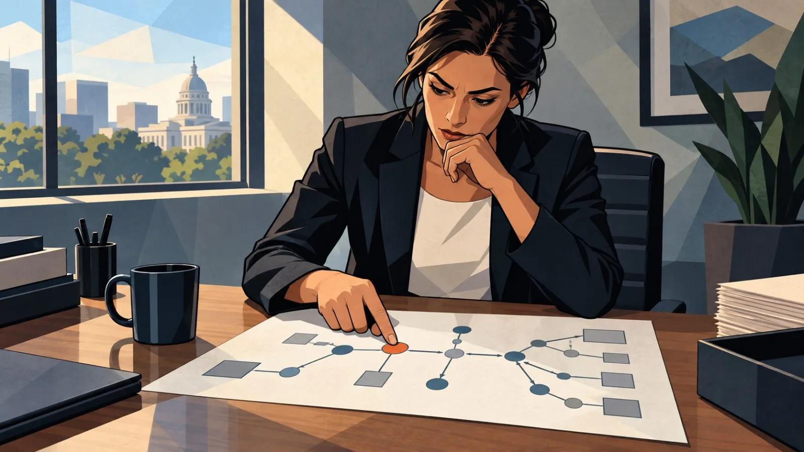 A hand reviews a transaction flow diagram beside a printed report / TokenPost.ai