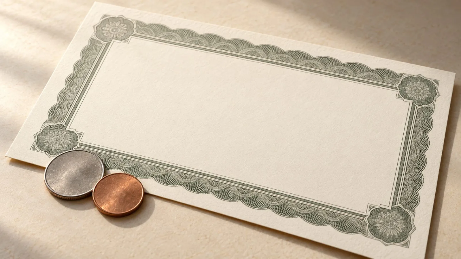 A share certificate rests beside two coins on an ivory surface / TokenPost.ai