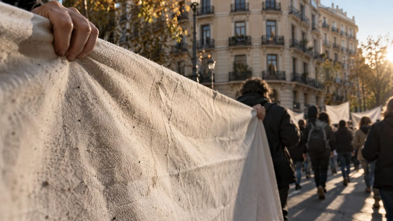 Protesters walk past Madrid apartment buildings in afternoon sunlight / TokenPost.ai