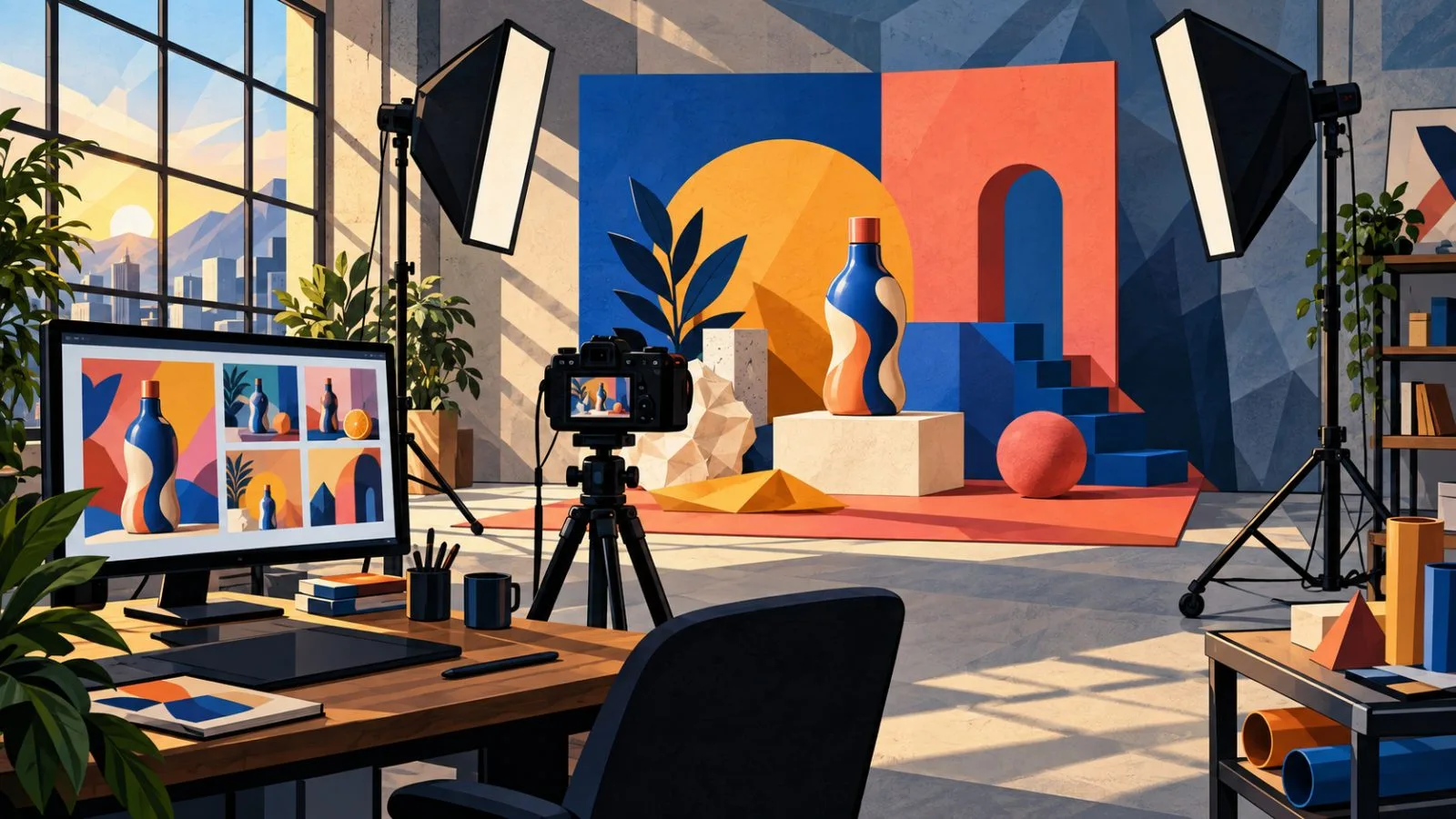 A camera faces a colorful product set beneath studio lights / TokenPost.ai