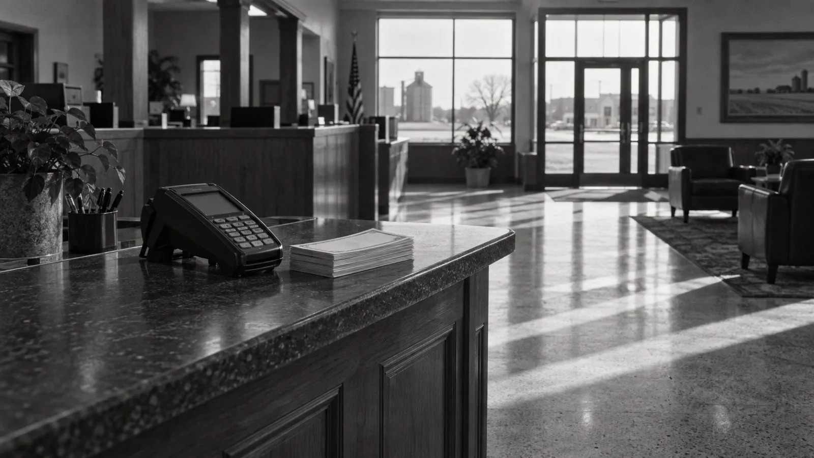 A payment terminal rests on the counter of a quiet bank lobby / TokenPost.ai (mono)