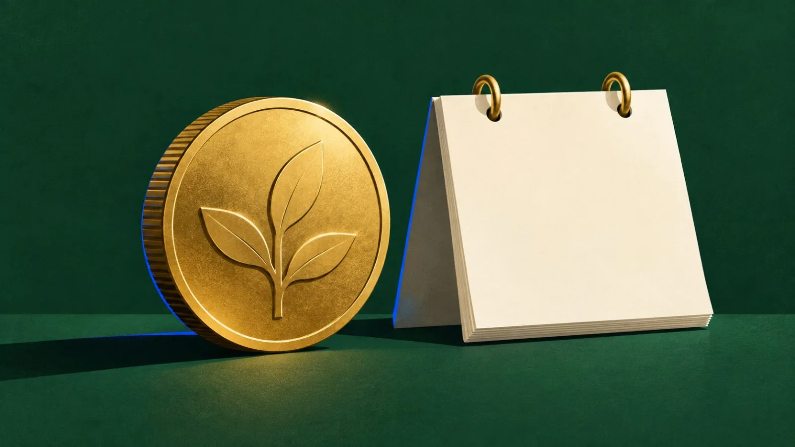 A brass token rests beside a blank ivory calendar block / TokenPost.ai