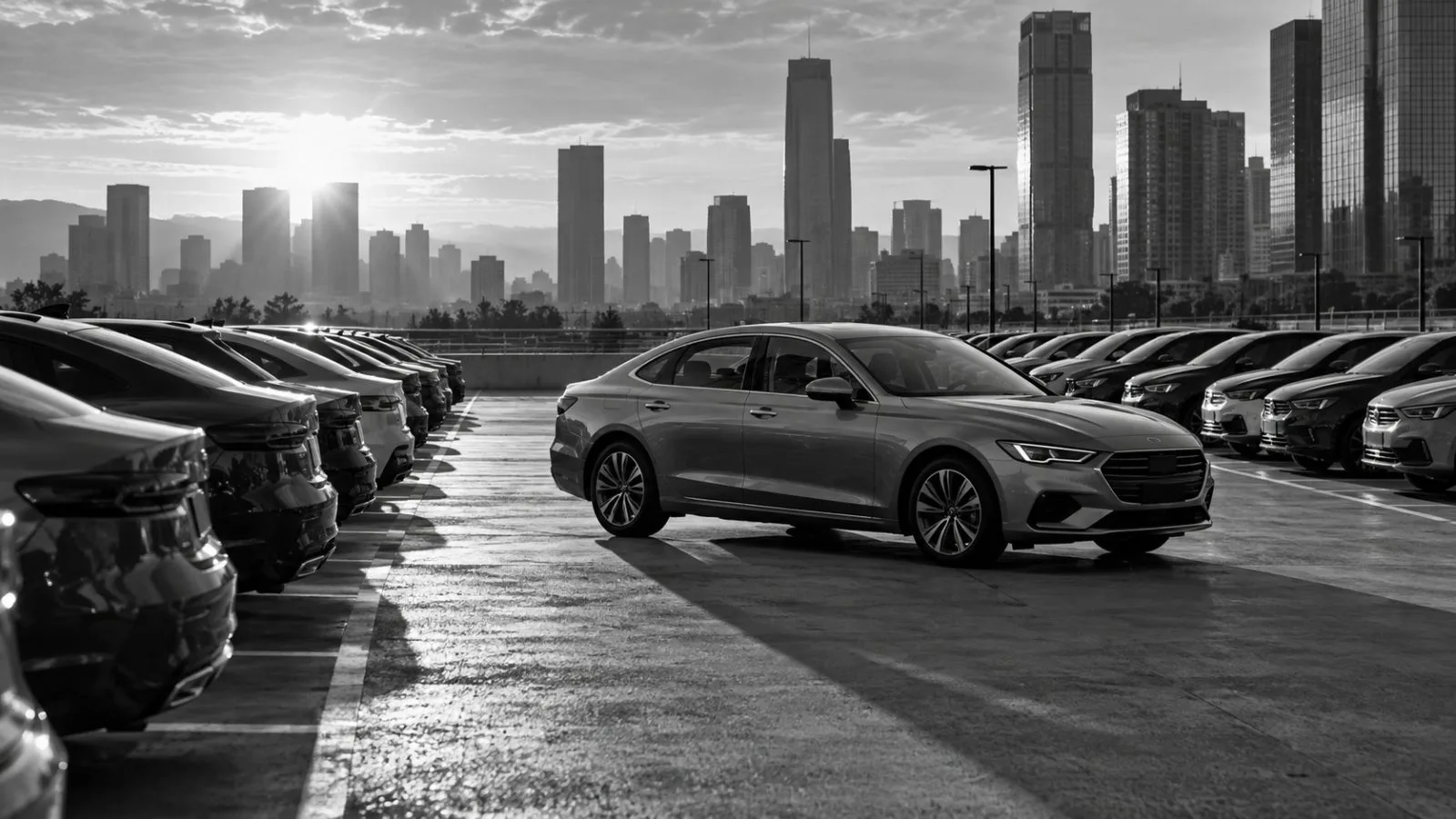 A sedan moves past rows of parked cars in the morning light / TokenPost.ai