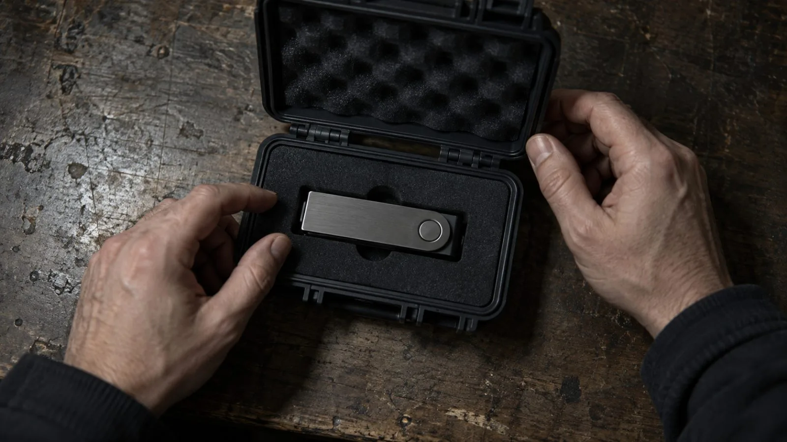 Hands inspect a hardware wallet inside an open protective case / TokenPost.ai