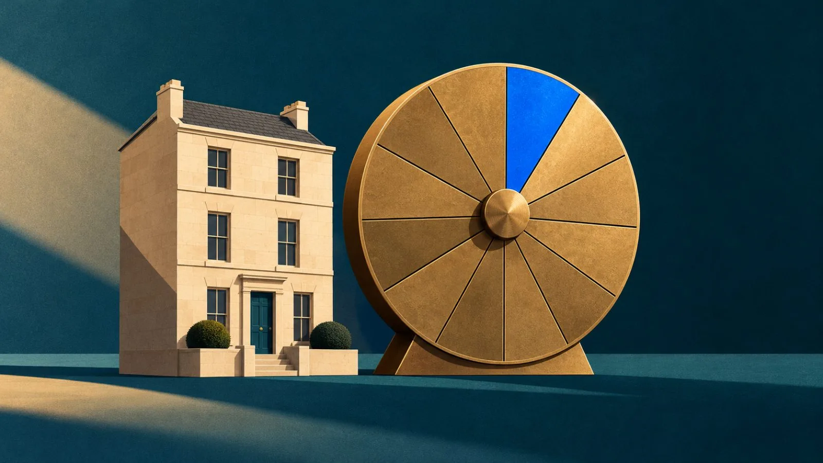 A brass calendar wheel beside a miniature limestone townhouse / TokenPost.ai