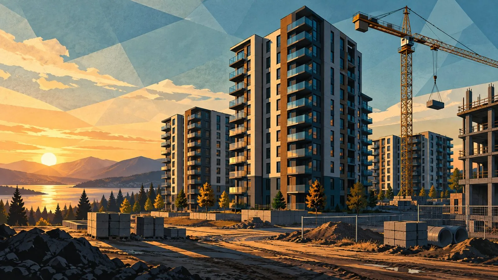 Apartment towers stand beside a construction crane in fading sunlight / TokenPost.ai
