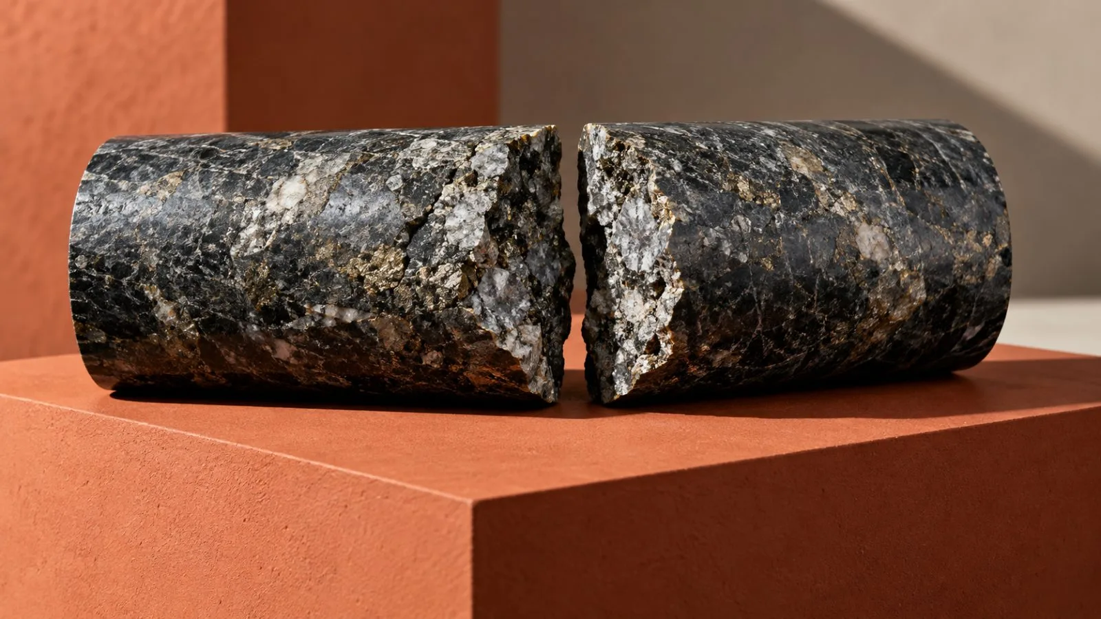 A split mineral core rests on a terracotta plinth / TokenPost.ai