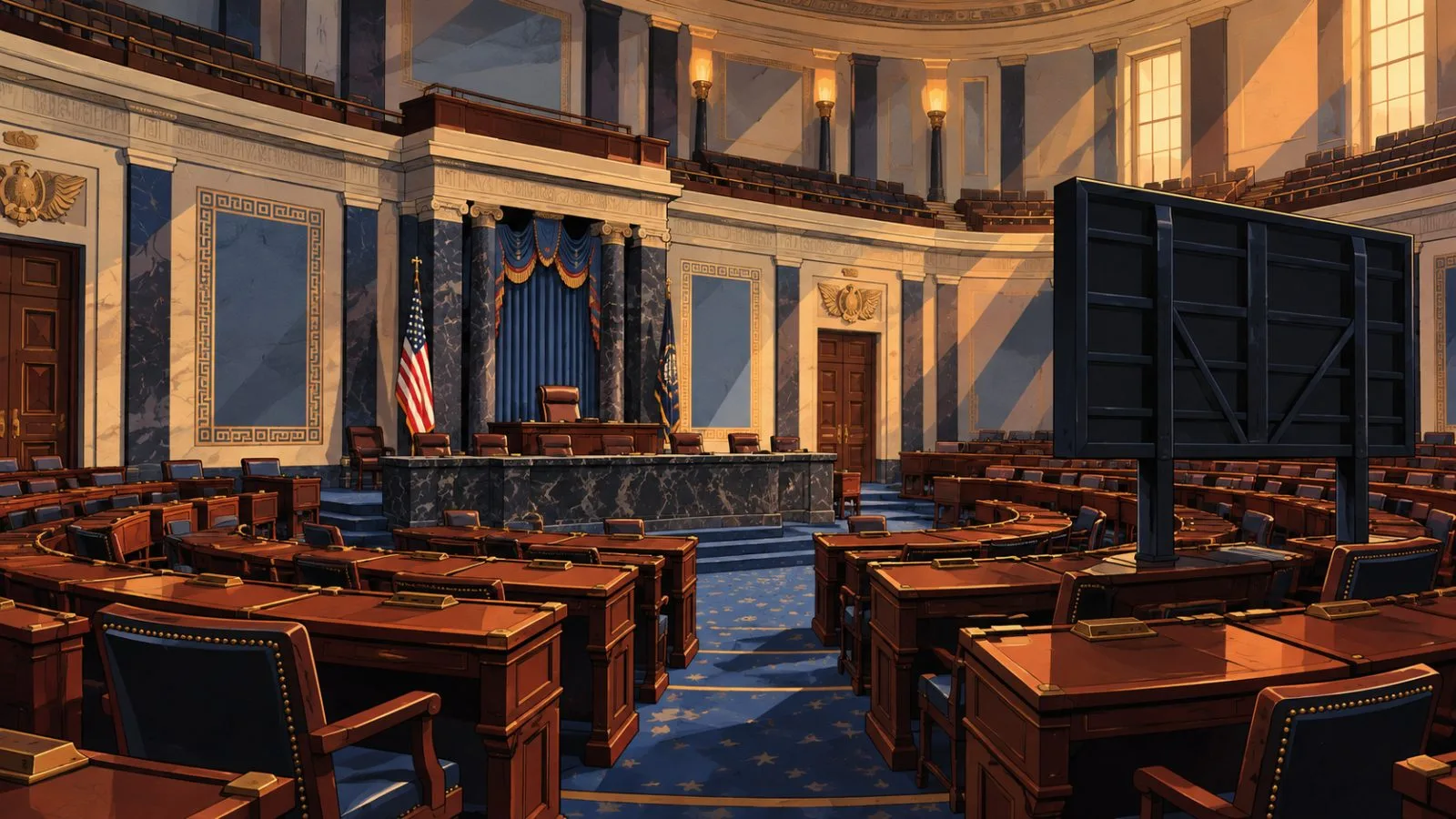 Empty Senate chamber beneath warm afternoon lighting / TokenPost.ai