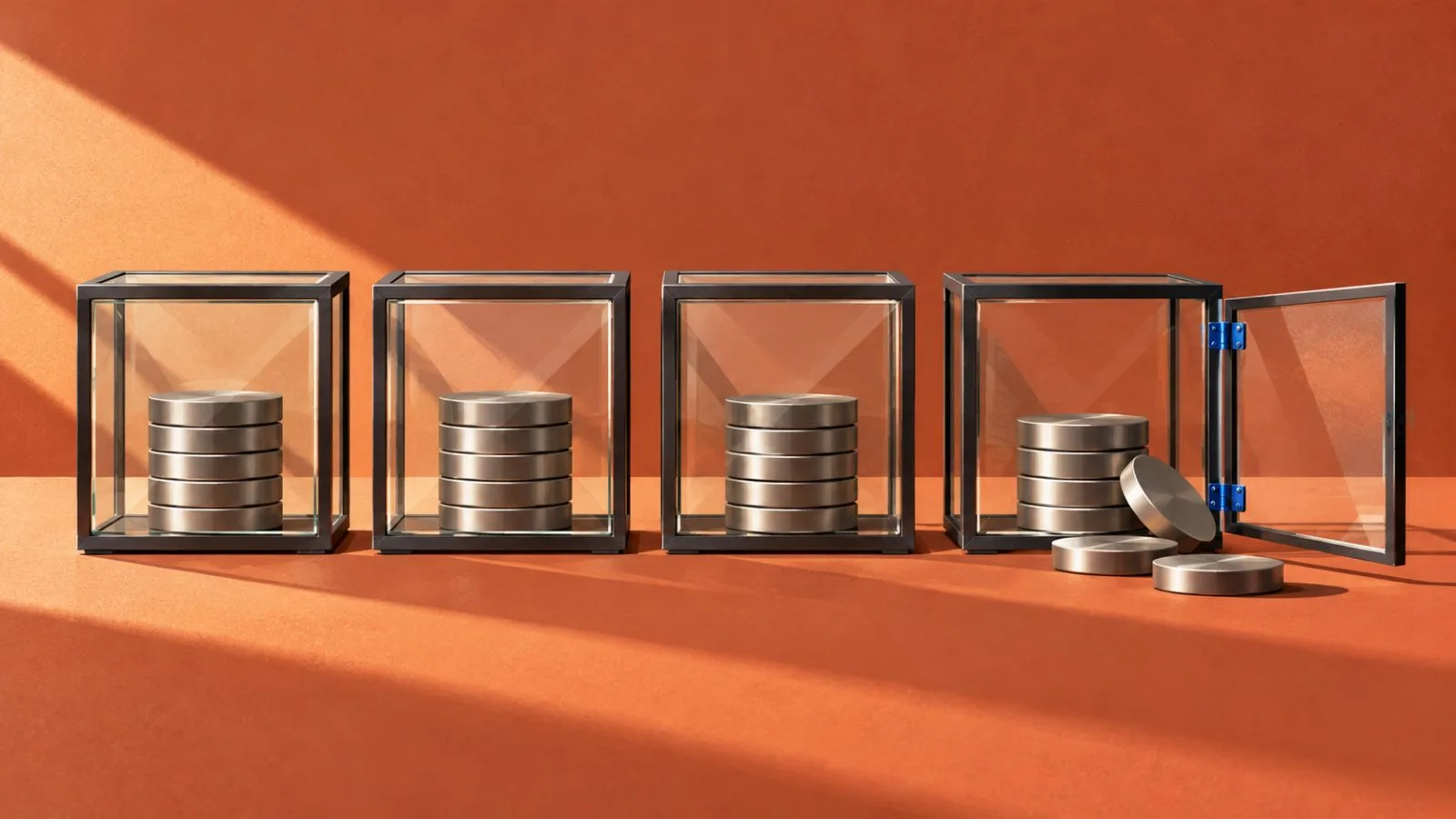 Four glass compartments hold metal discs beside an open final case / TokenPost.ai