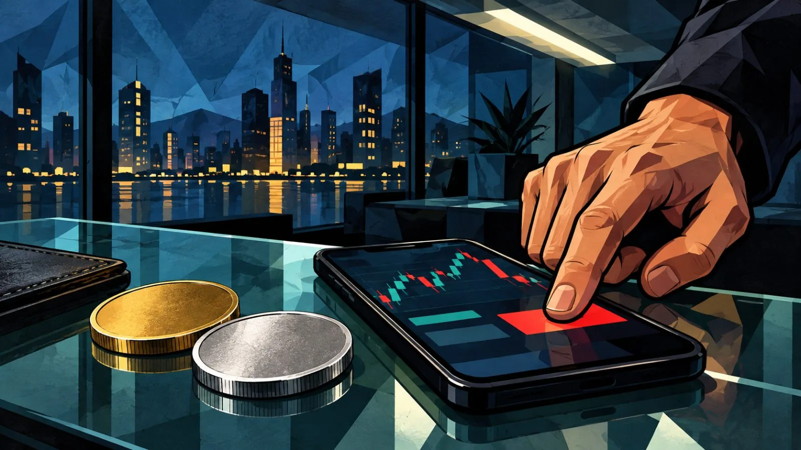 Hand closes a position beside two metallic crypto tokens / TokenPost.ai