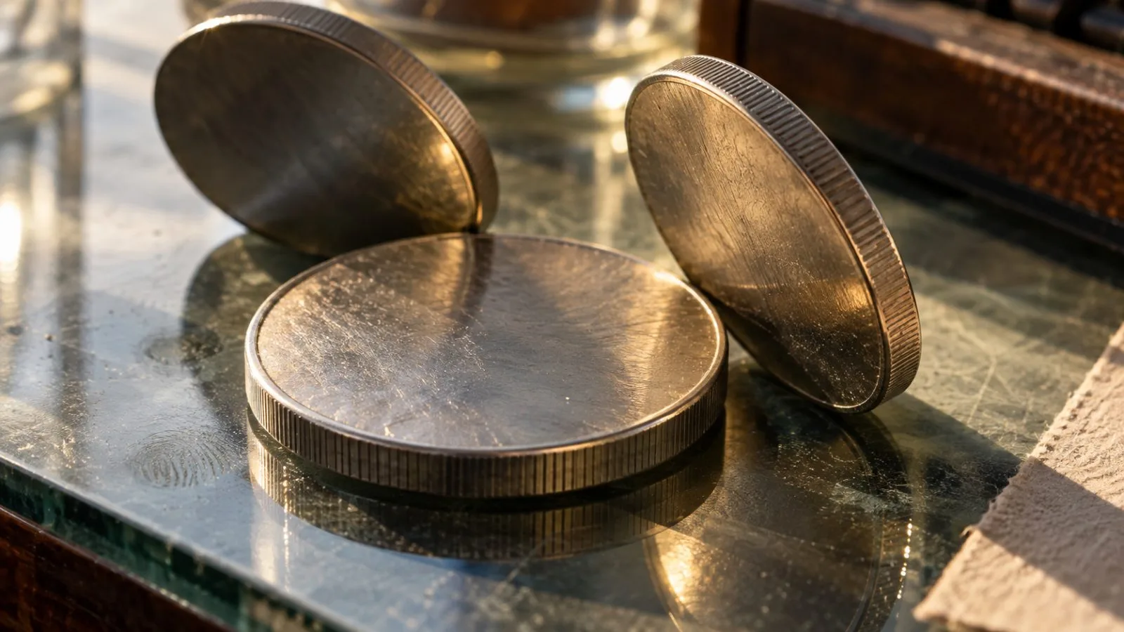 Unmarked metal tokens lie scattered across a glass counter / TokenPost.ai