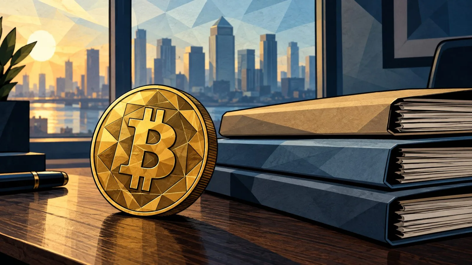 Bitcoin token beside stacked government bond folders / TokenPost.ai