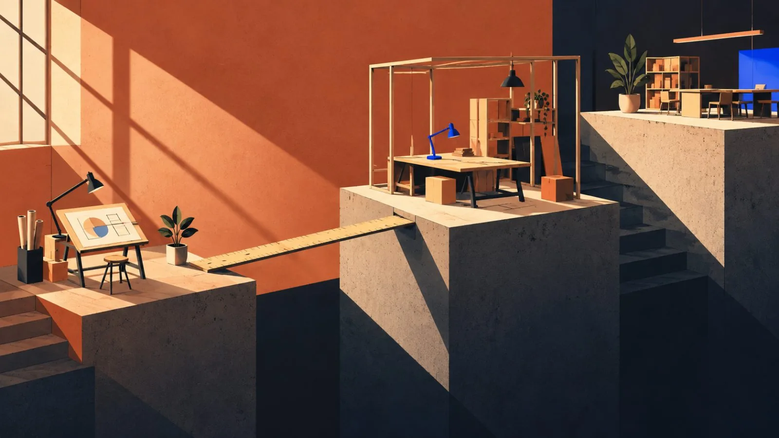 A miniature workspace bridges three stepped concrete platforms / TokenPost.ai