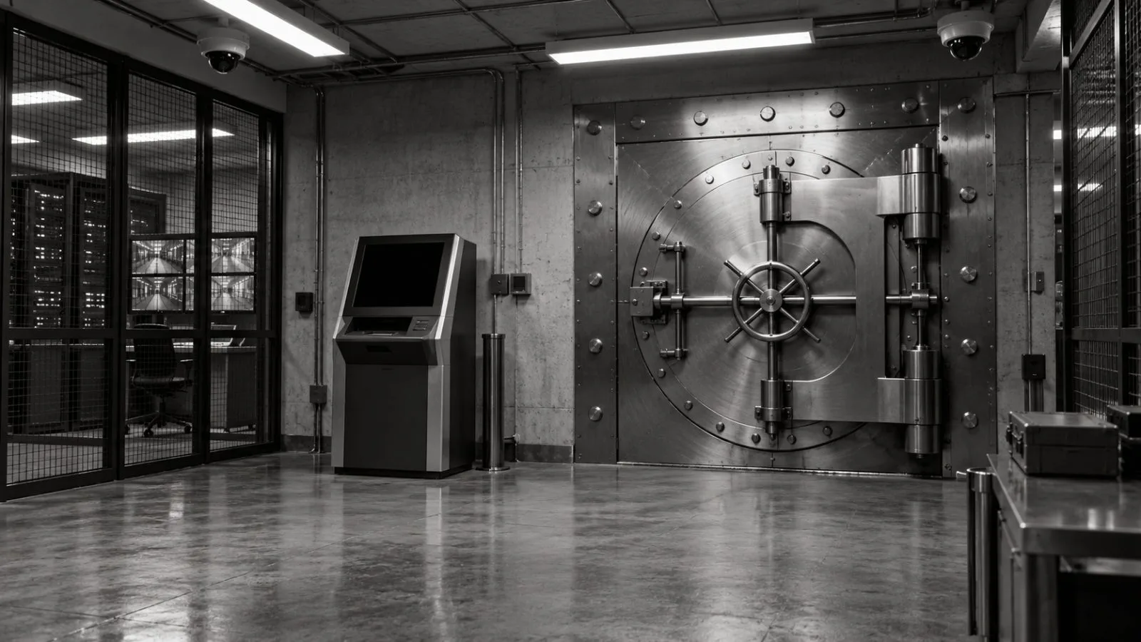 Locked steel vault door beside an unlit withdrawal terminal / TokenPost.ai