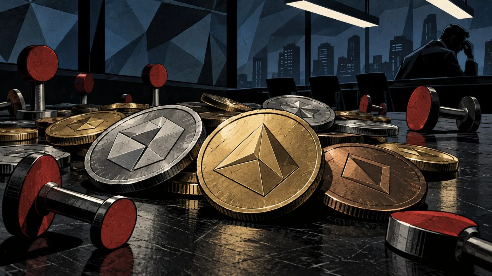 Metal tokens scattered beside toppled position markers / TokenPost.ai