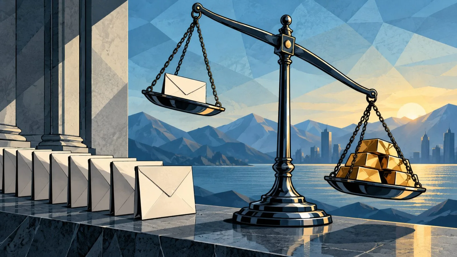 Balance scale tipping beside sealed trading order envelopes / TokenPost.ai
