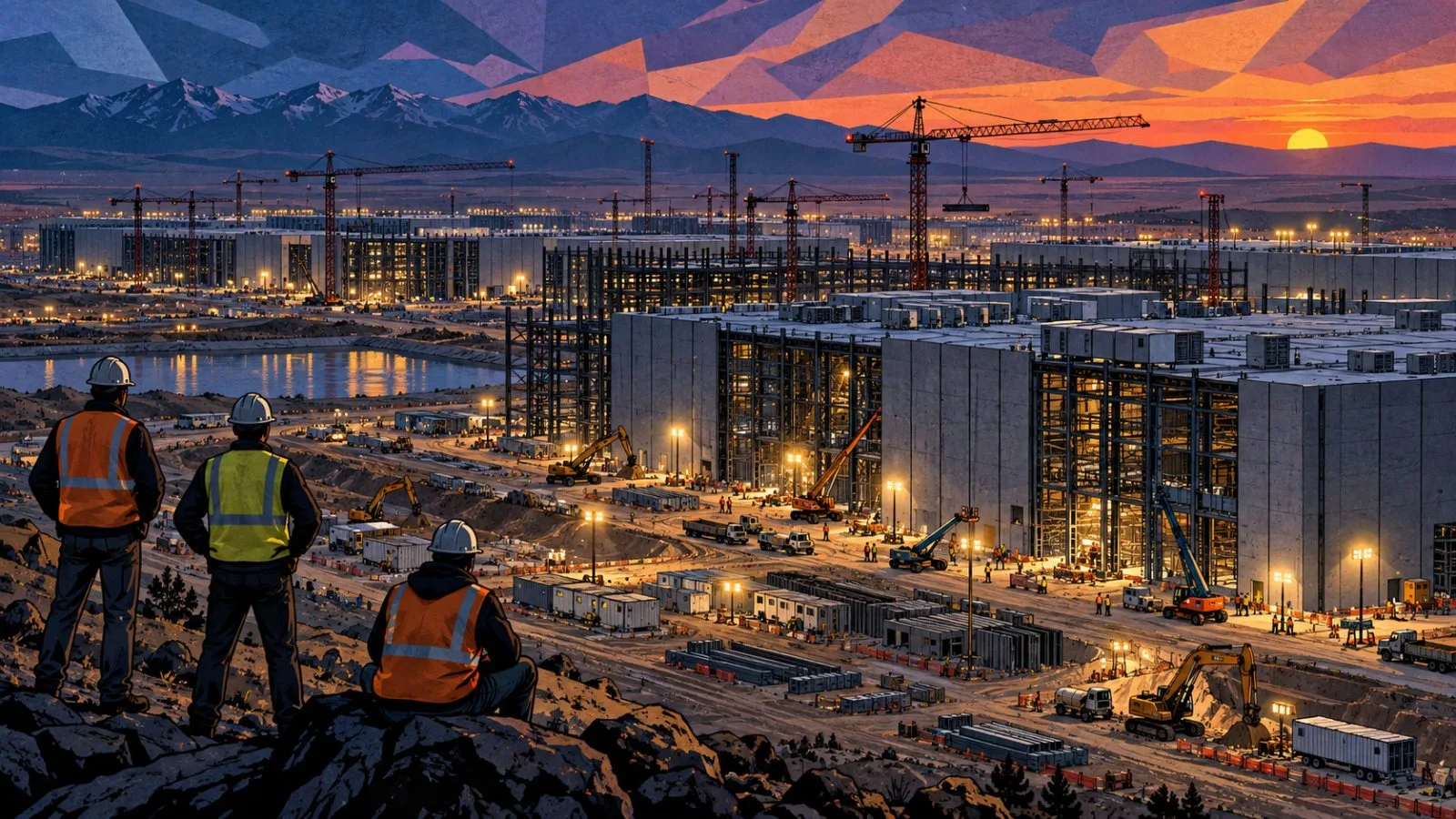 Unfinished data center buildings stand beneath a dim evening sky / TokenPost.ai