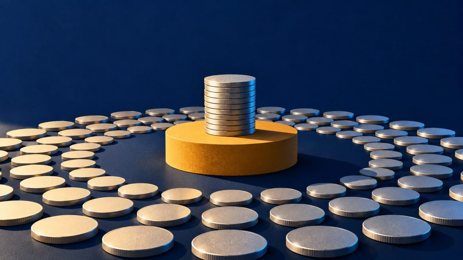 A raised token stack sits inside a widening ring of metal discs / TokenPost.ai