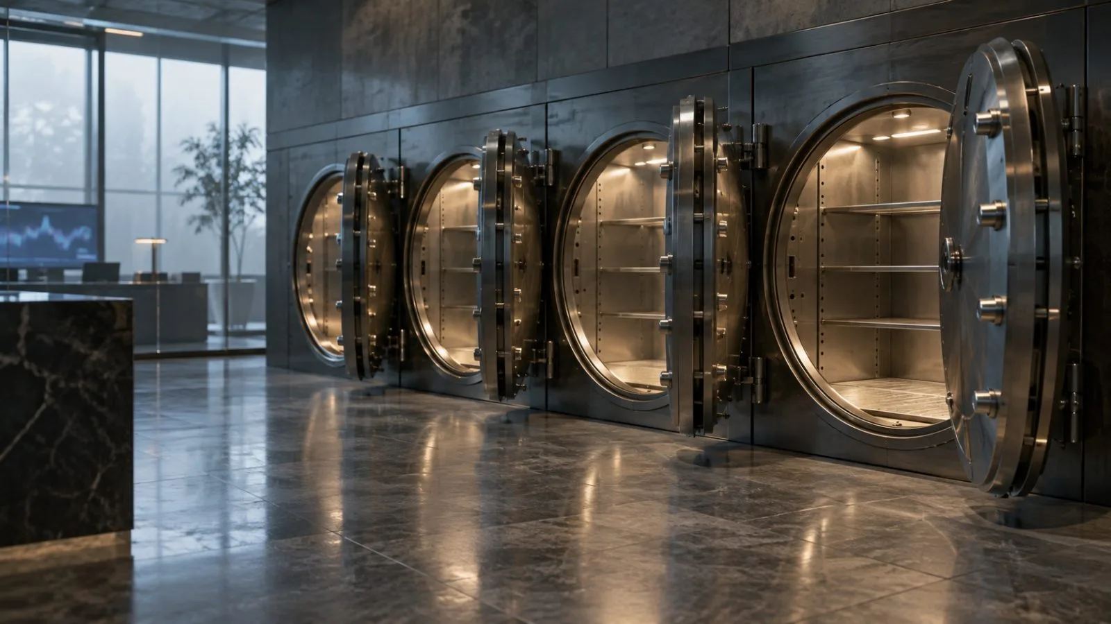 Four open deposit compartments sit inside an empty lending vault / TokenPost.ai