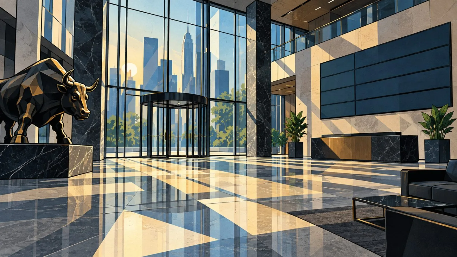 Blank panels stand beside glass doors in a sunlit exchange lobby / TokenPost.ai