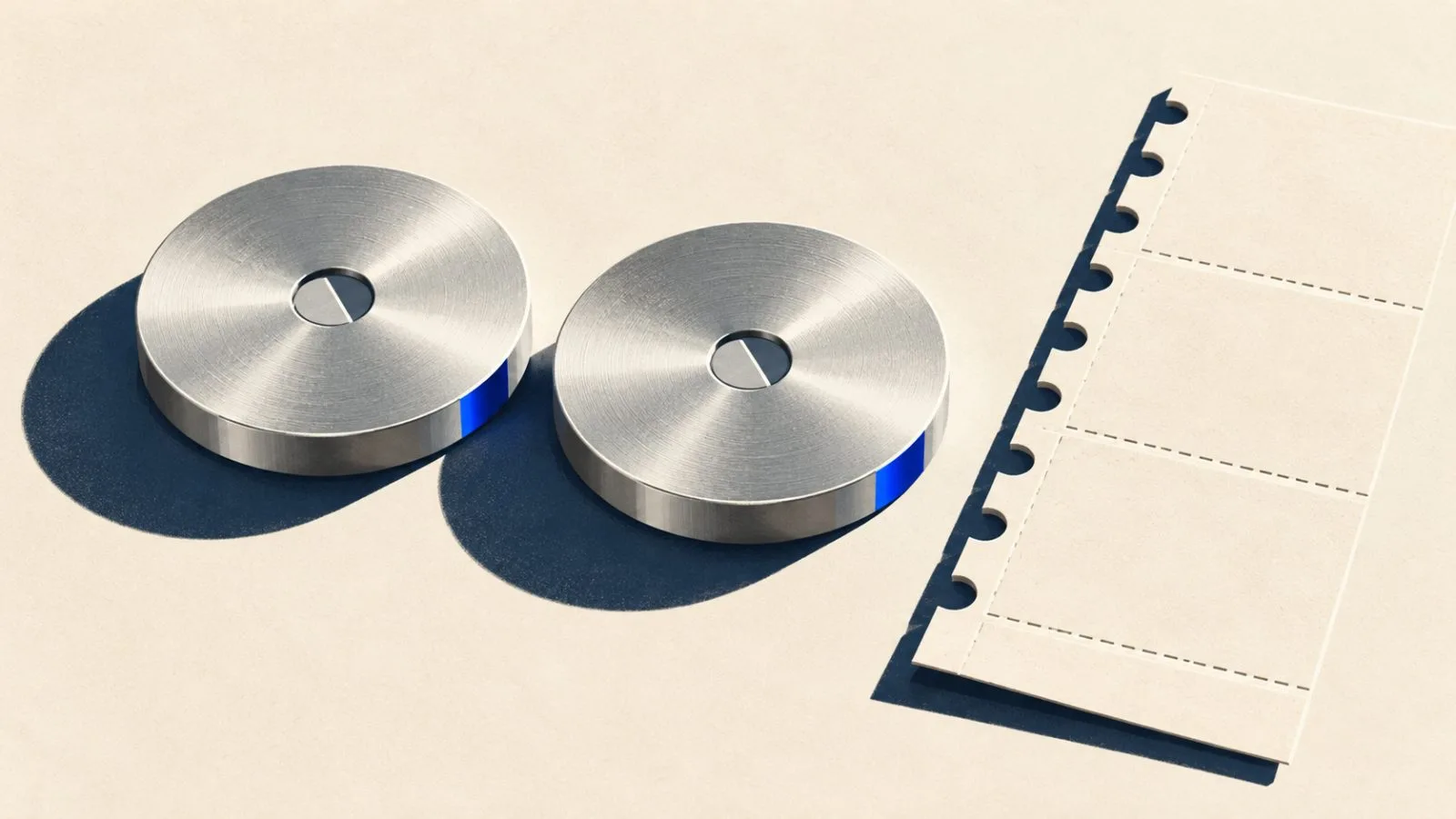 Two silver discs rest beside a blank bond coupon strip / TokenPost.ai