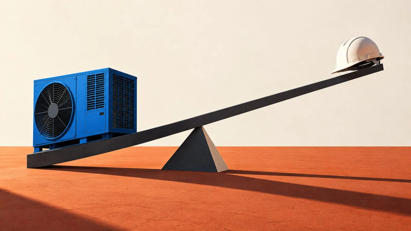 A cooling unit and hard hat balance on opposite ends of a beam / TokenPost.ai