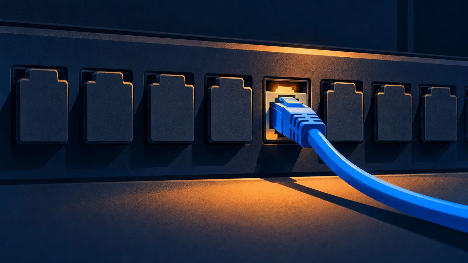 One network cable connects beside a row of covered ports. / TokenPost.ai
