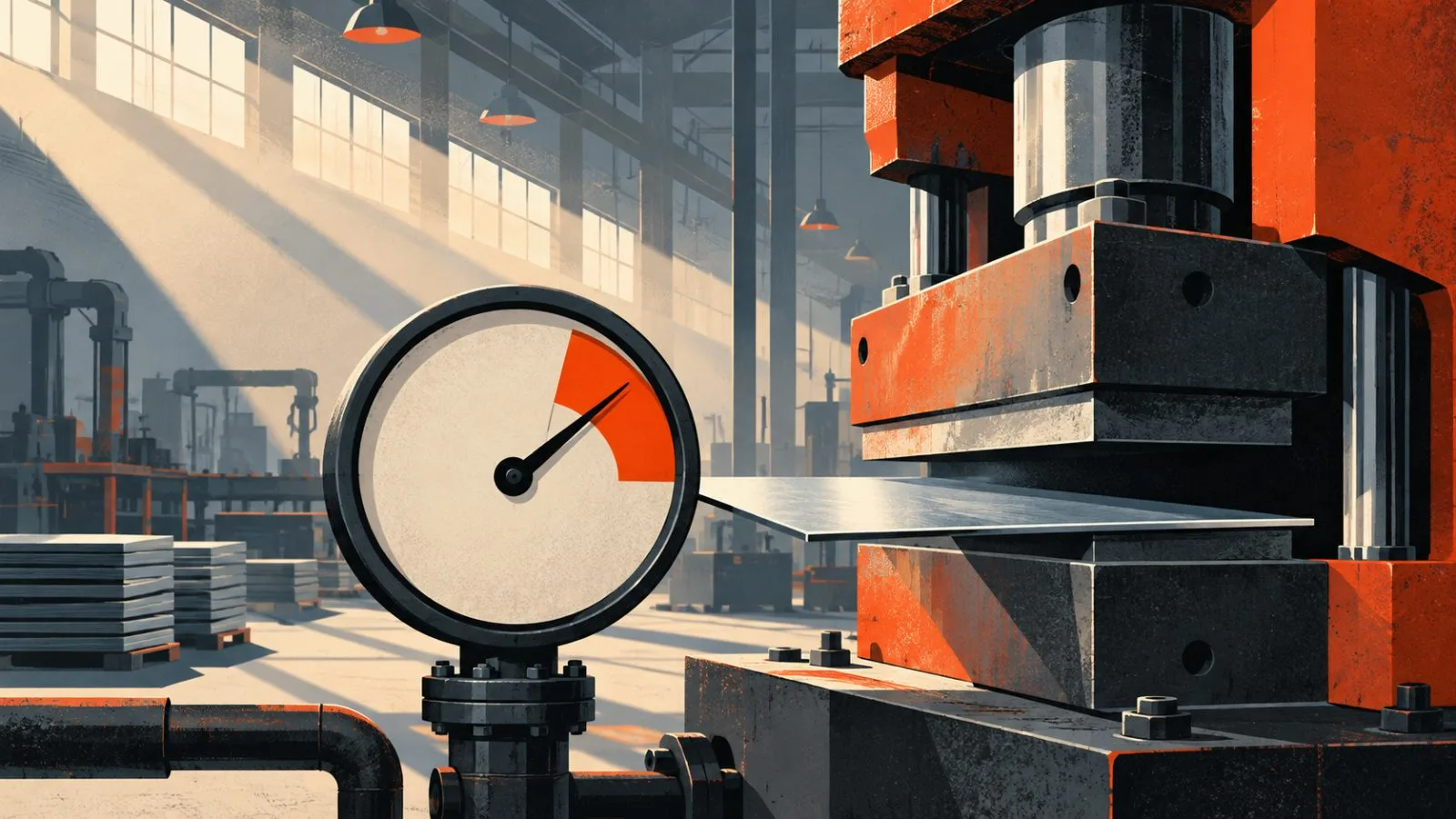A pressure gauge stands beside a steel sheet inside a quiet factory / TokenPost.ai