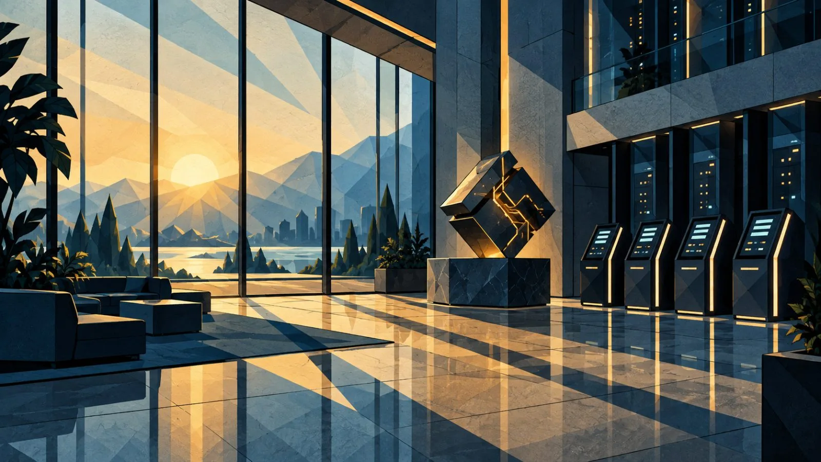 A sculptural chip sits beside cloud service terminals in a quiet lobby / TokenPost.ai