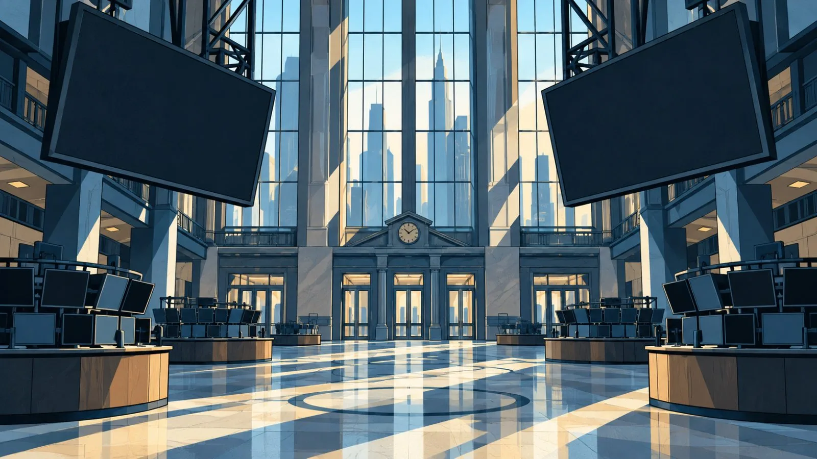 Two unmarked market panels angle downward before the opening bell / TokenPost.ai