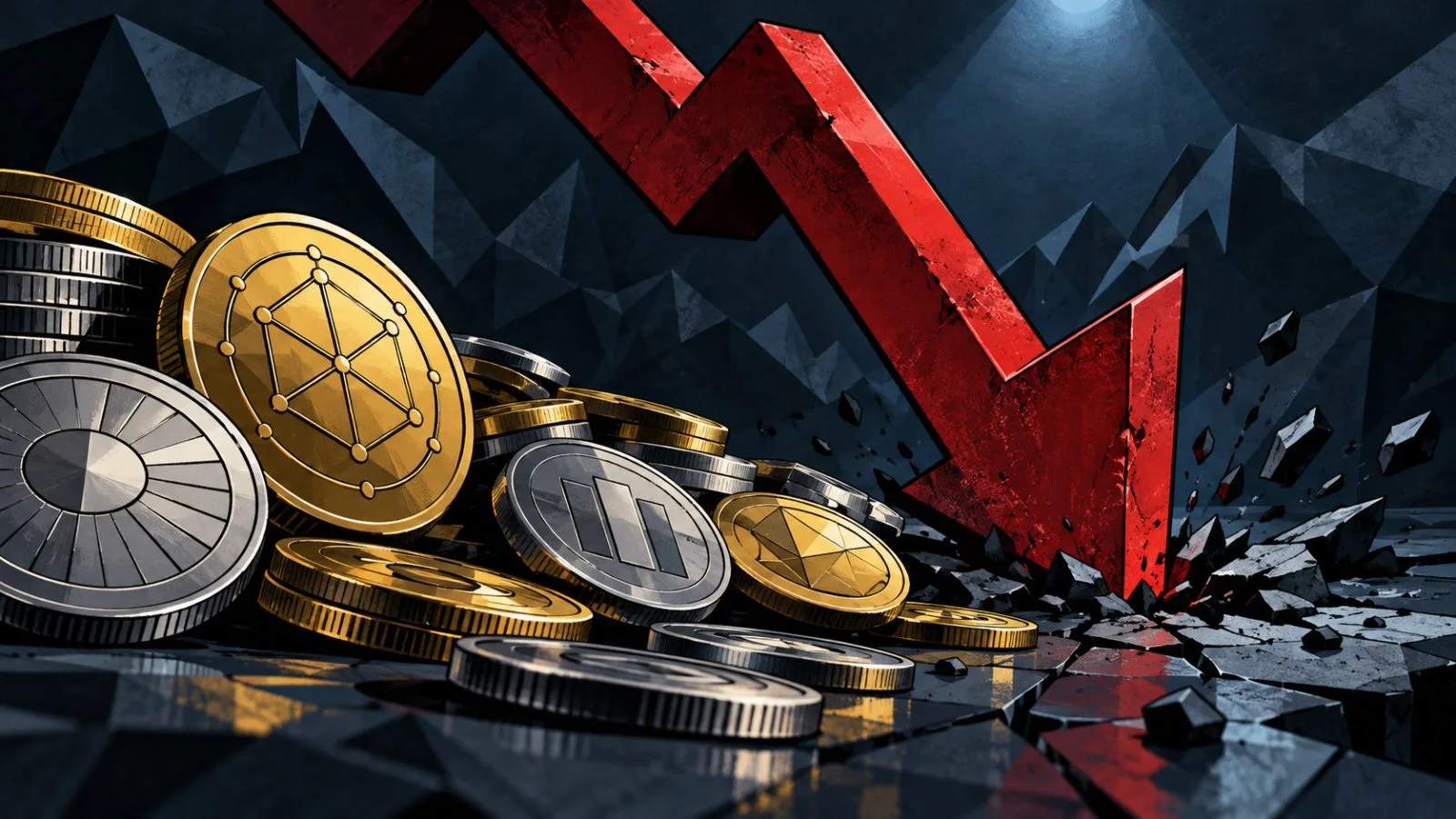 Cryptocurrency tokens scattered beside a sharply tilted red market arrow / TokenPost.ai