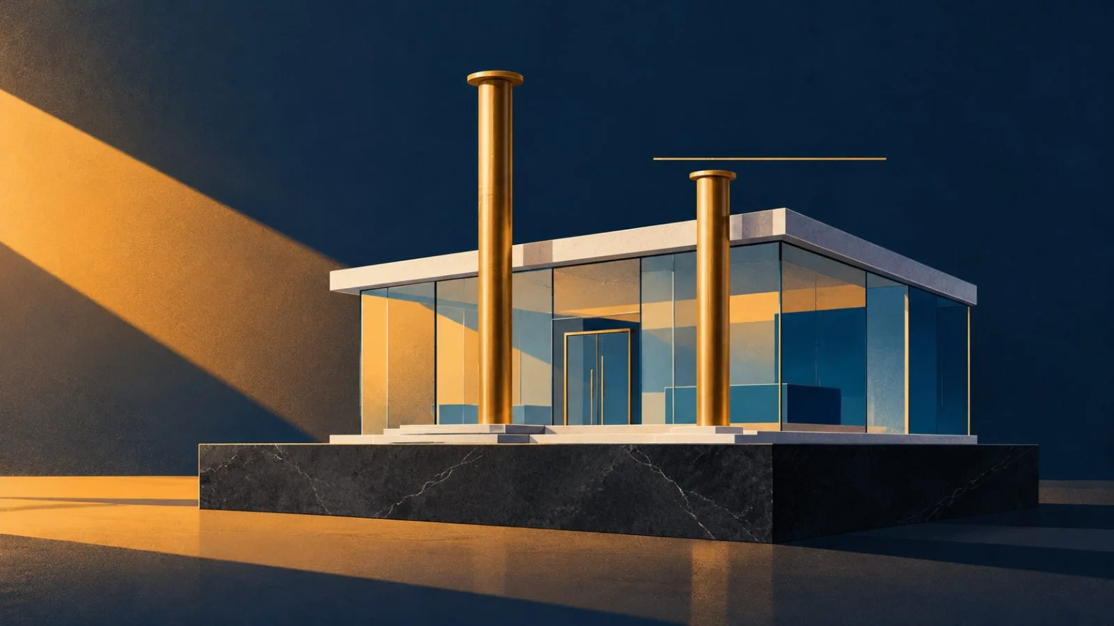 A glass bank model stands beside two uneven brass columns / TokenPost.ai