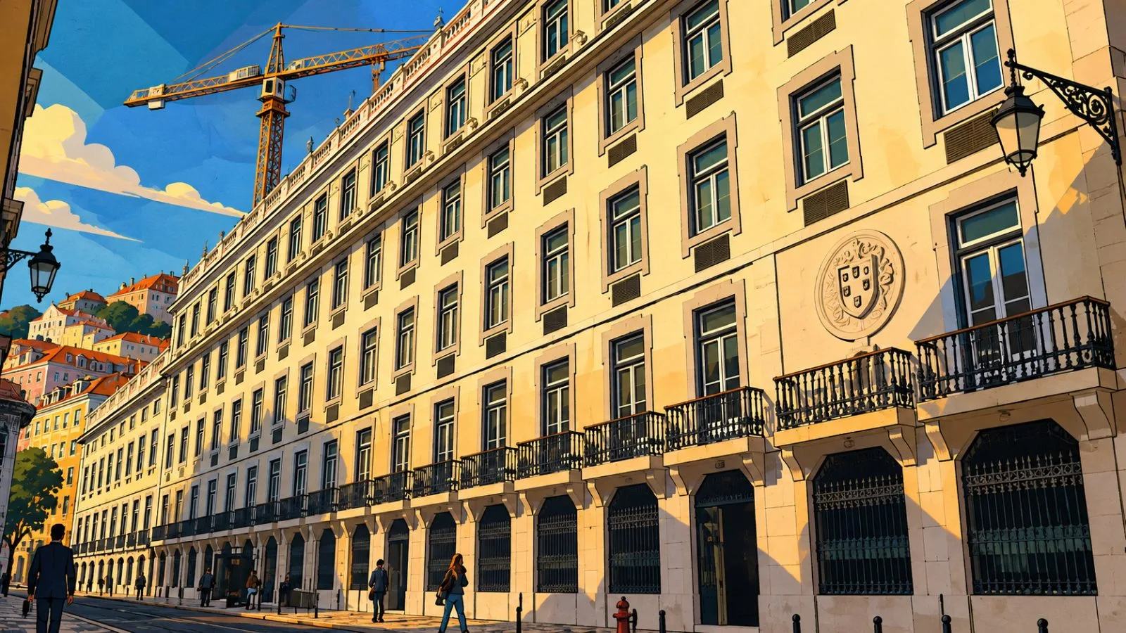 Portuguese bank building and construction crane in warm afternoon light / TokenPost.ai