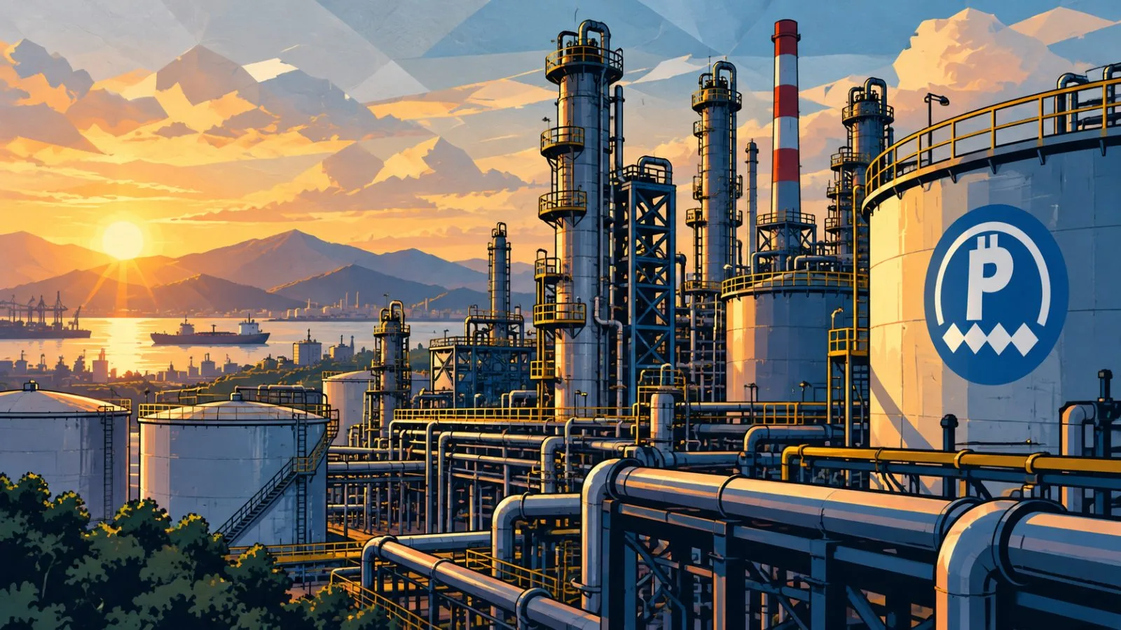 Refinery pipes and storage tanks catch the late afternoon sunlight / TokenPost.ai