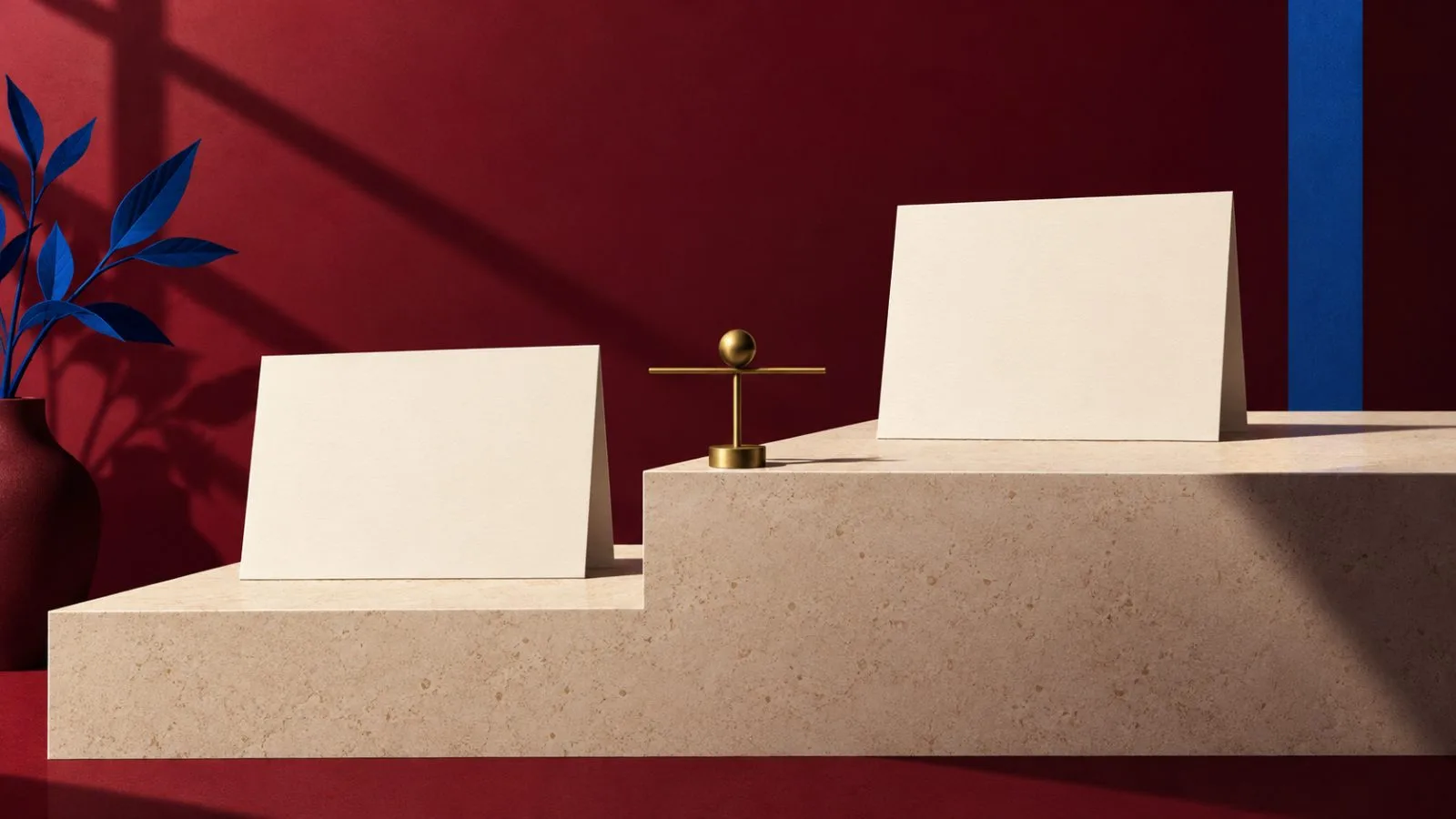 Two blank announcement cards stand at unequal heights beside a brass marker / TokenPost.ai