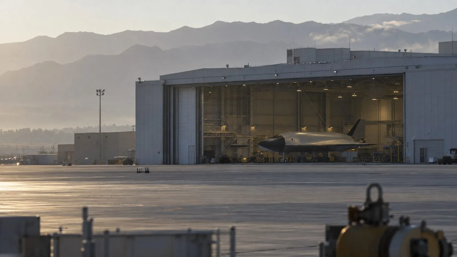 A spaceplane rests inside a sunlit hangar beside an open apron / TokenPost.ai