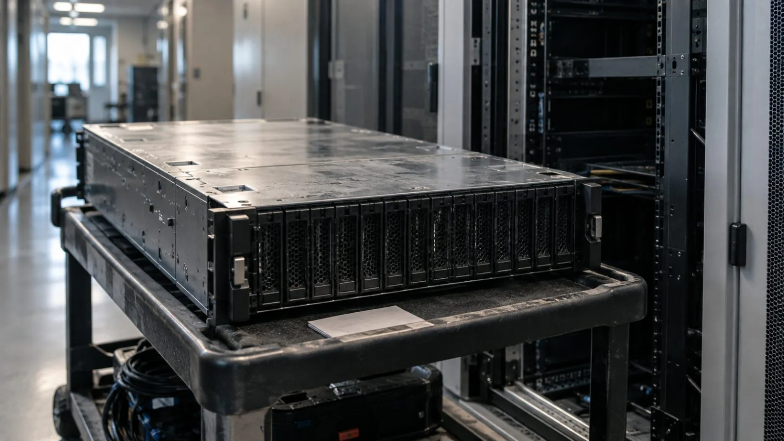 A disconnected server chassis rests on a cart in a service corridor / TokenPost.ai