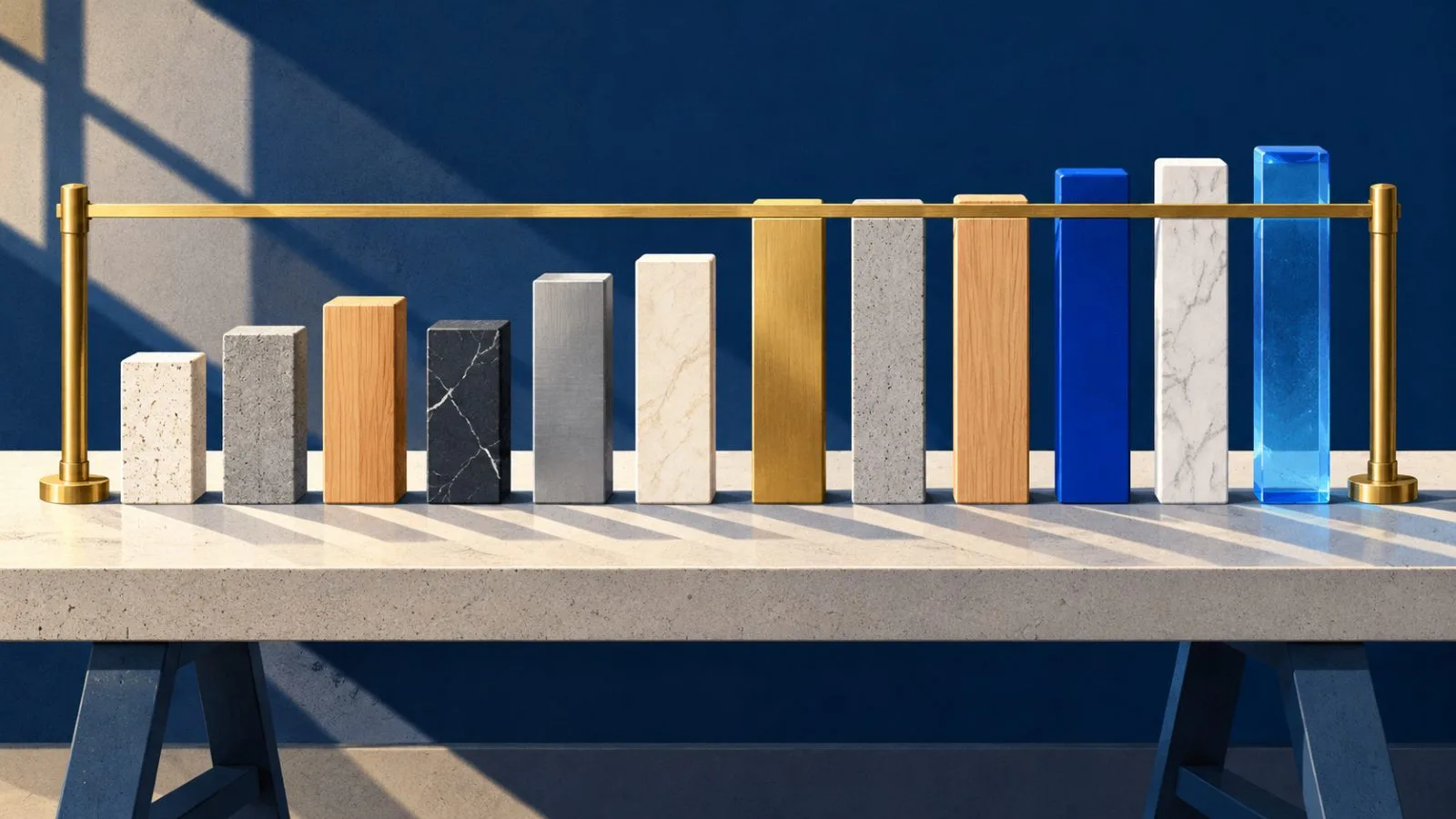 Twelve material bars sit beneath a raised brass measuring rail / TokenPost.ai