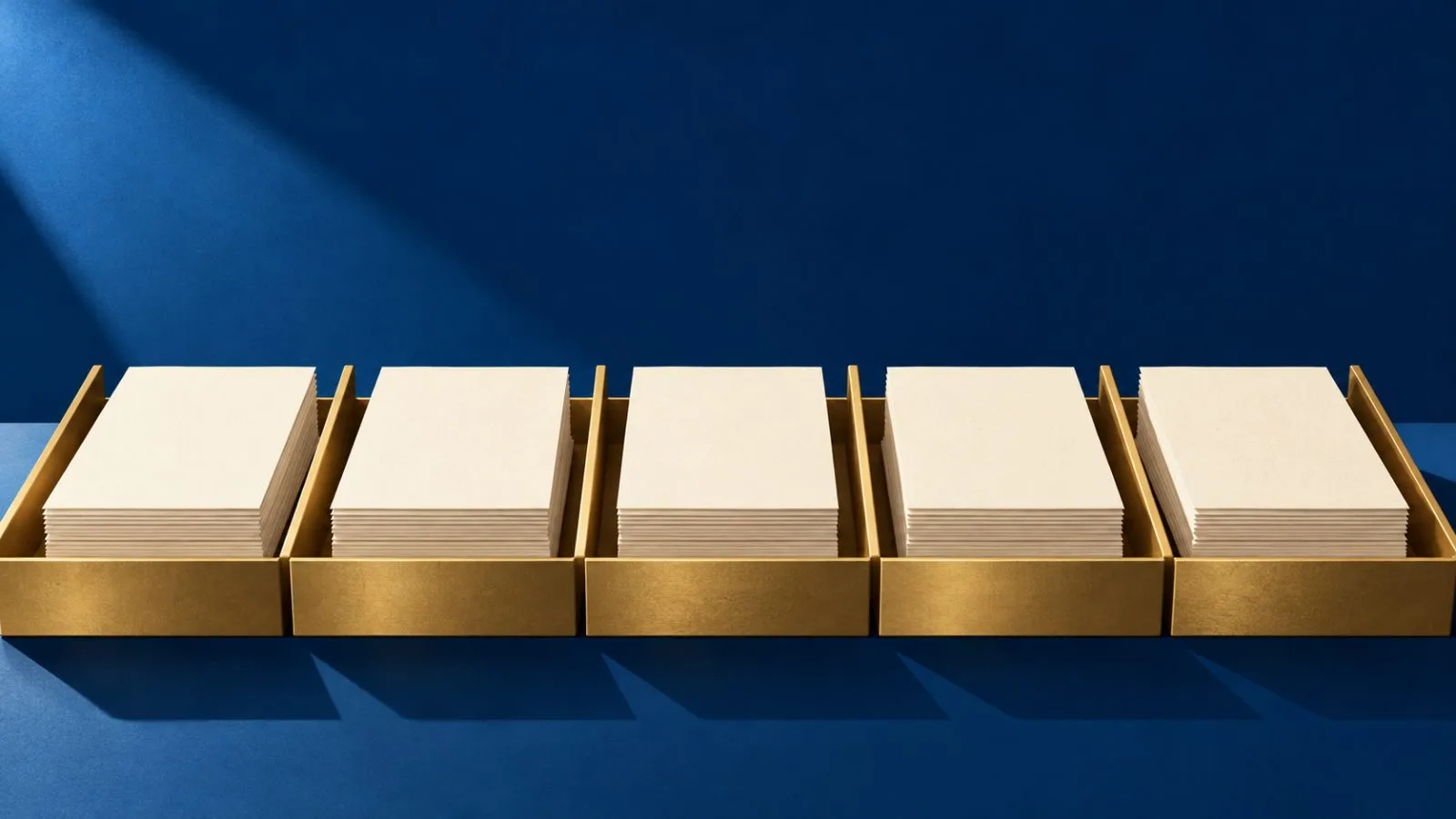Blank share certificates aligned beside an open brass tray / TokenPost.ai