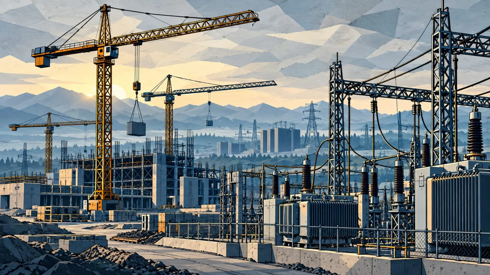 Construction cranes rise beside a utility substation at dawn / TokenPost.ai