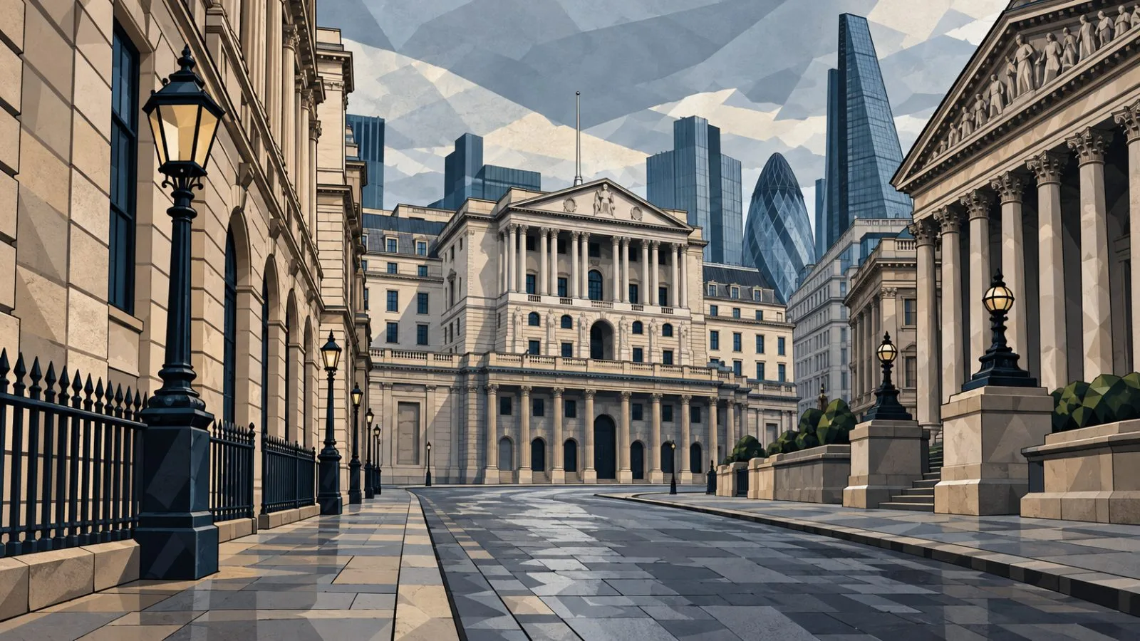 Stone buildings line a quiet financial district street under cloudy skies / TokenPost.ai