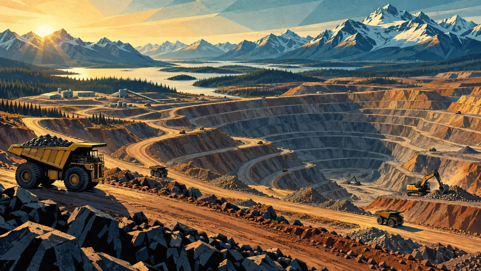 Remote mining equipment sits beside terraced earthworks at sunrise / TokenPost.ai
